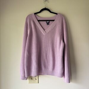 Lands' End Drifter Shaker Knit V-Neck Sweater Pink Plus Size 1X 100%  Cotton